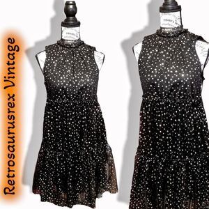 POPSUGAR Babydoll Gold Foil Star Tiered Little Black Party Dress, XS